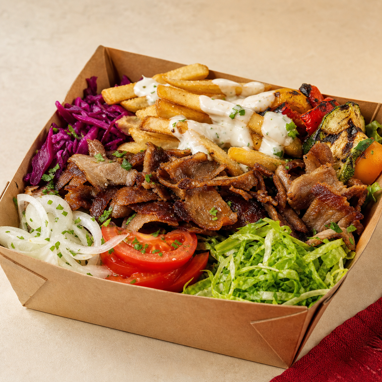G Box mit Dönerfleisch, Gemüse und Pommes